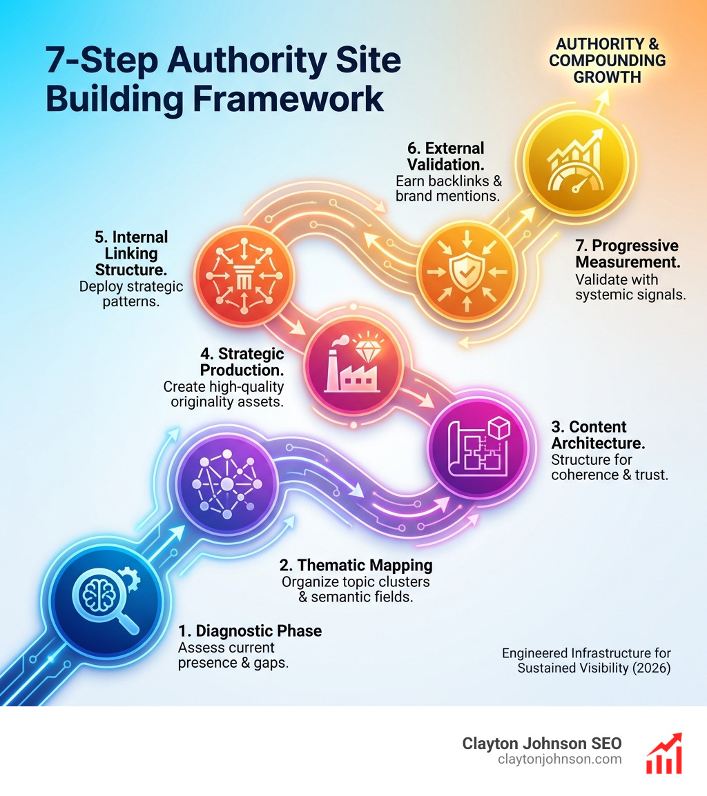 infographic showing the 7-step authority site building framework with diagnostic phase, thematic mapping, content architecture, strategic production, internal linking structure, external validation, and progressive measurement - authority site building framework infographic 