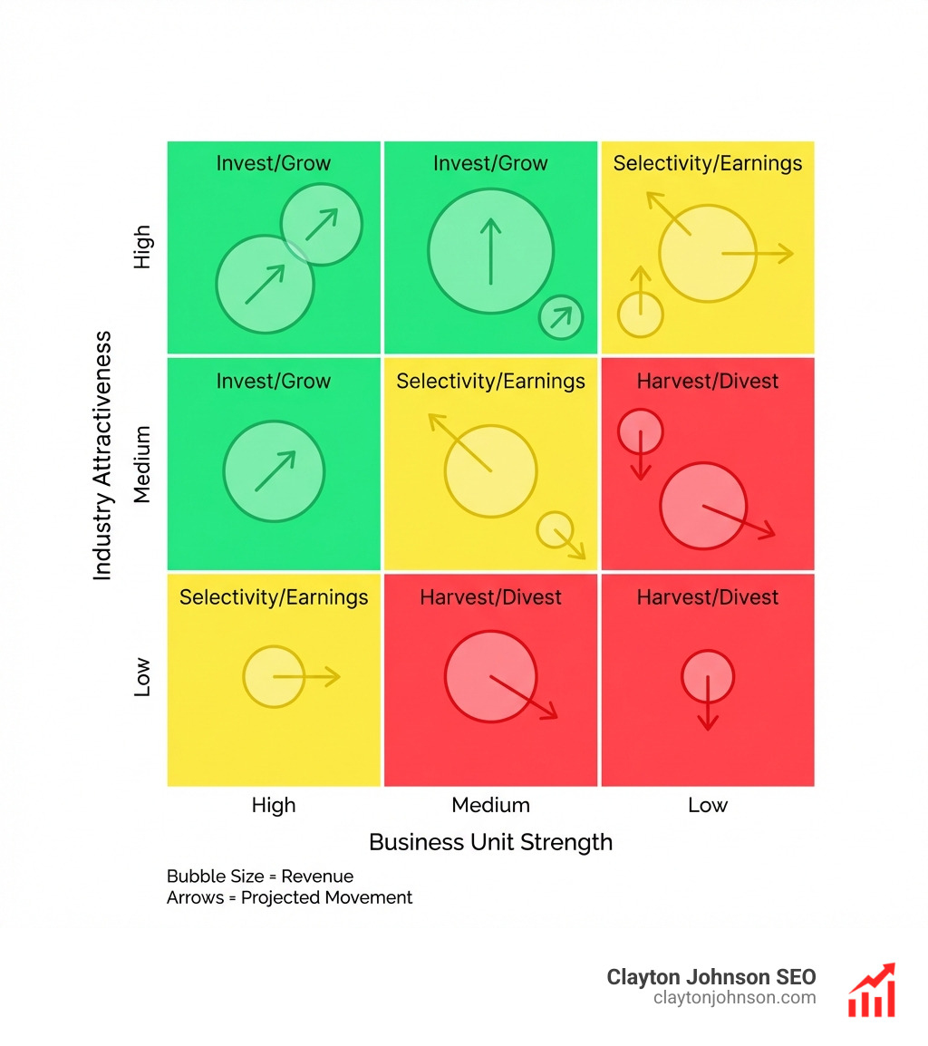 Infographic showing the 3x3 McKinsey matrix grid with Industry Attractiveness on the Y-axis (High, Medium, Low) and Business Unit Strength on the X-axis (High, Medium, Low), with nine cells color-coded green (Invest/Grow), yellow (Selectivity/Earnings), and red (Harvest/Divest), including bubble size representing revenue and directional arrows showing projected movement - McKinsey matrix portfolio strategy infographic 