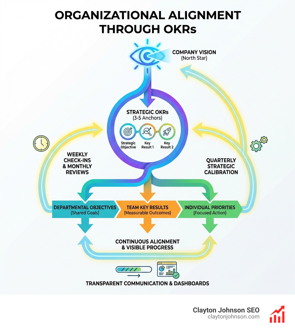 infographic showing the journey from company vision through strategic OKRs, cascading to departmental objectives, team key results, and individual priorities, with feedback loops for continuous alignment - Align OKRs organization wide infographic 