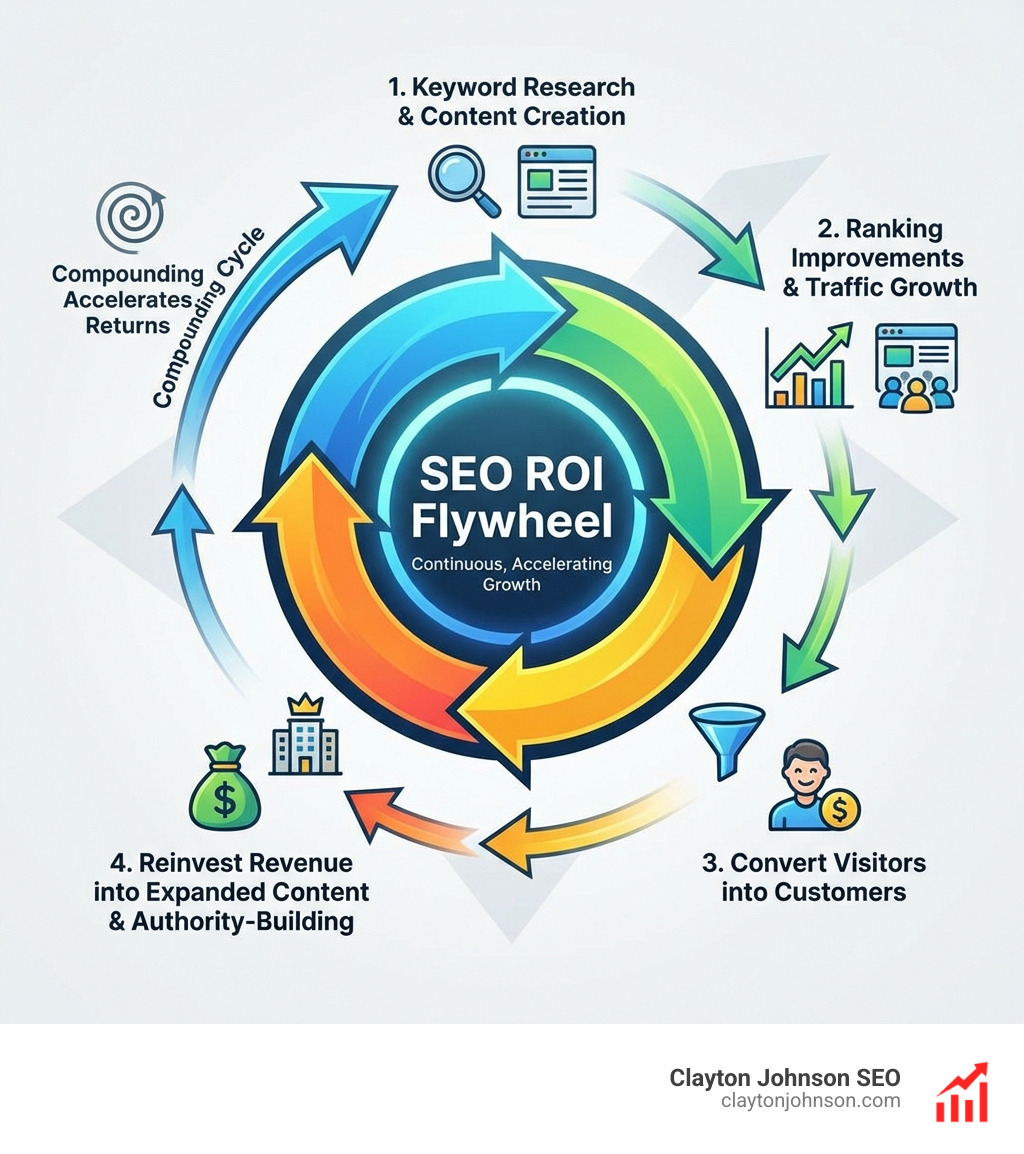 Infographic showing the complete SEO ROI flywheel: starting with keyword research and content creation, moving through ranking improvements and traffic growth, converting visitors into customers, then reinvesting revenue into expanded content and authority-building, creating a compounding cycle where each phase feeds the next and accelerates returns over time - Interactive SEO ROI simulator infographic 