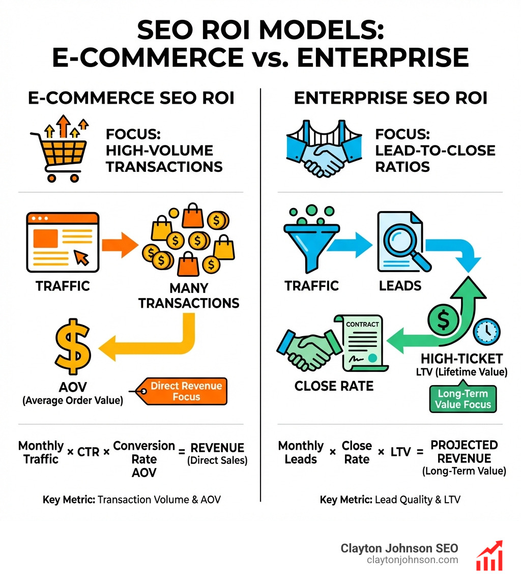 Infographic comparing e-commerce vs enterprise SEO ROI models: e-commerce focusing on high-volume transactions and AOV, while enterprise focuses on lead-to-close ratios and high-ticket LTV - Interactive SEO ROI simulator infographic 