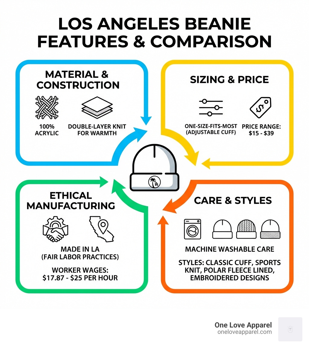 Infographic comparing Los Angeles beanie features: 100% acrylic material composition, double-layer knit construction for warmth, one-size-fits-most with adjustable cuff sizing, price range from $15 to $39, ethical LA manufacturing with worker wages $17.87-$25 per hour, machine washable care instructions, and available styles including classic cuff, sports knit, polar fleece lined, and embroidered designs - los angeles beanie infographic 