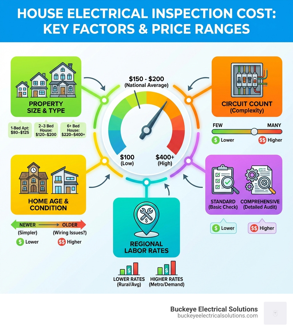 Detailed breakdown of house electrical inspection cost factors including property size, circuit count, home age, inspection type, and regional labor rates with corresponding price ranges - house electrical inspection cost infographic 