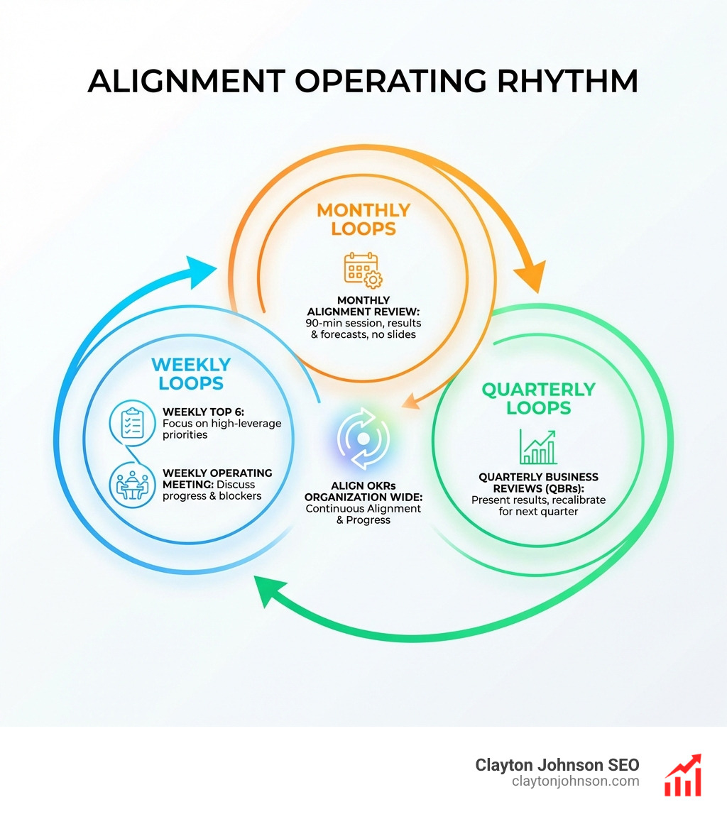 infographic of the operating rhythm showing weekly, monthly, and quarterly loops - Align OKRs organization wide infographic 