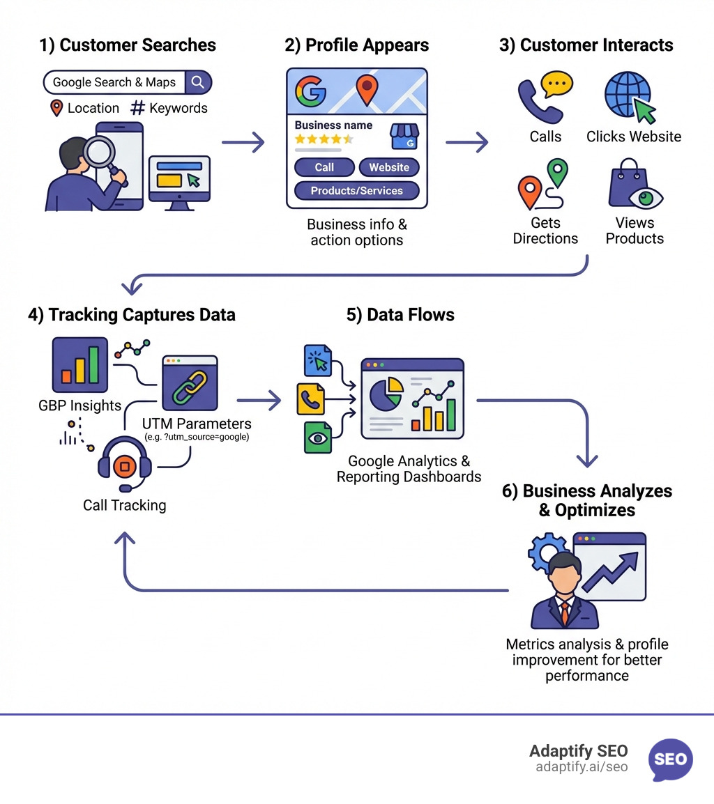 Infographic showing the Google Business Profile tracking workflow: 1) Customer searches on Google/Maps, 2) Profile appears with business info and actions, 3) Customer interacts (calls, clicks website, gets directions, views products), 4) Tracking captures data through GBP Insights, UTM parameters, and call tracking, 5) Data flows to Google Analytics and reporting dashboards, 6) Business analyzes metrics and optimizes profile for better performance - google business profile tracking infographic