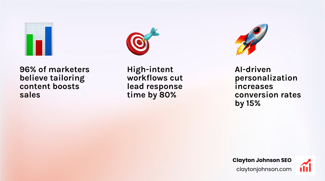 Infographic showing that 96% of marketers believe tailoring content boosts sales - ai marketing workflows infographic 3_facts_emoji_light-gradient
