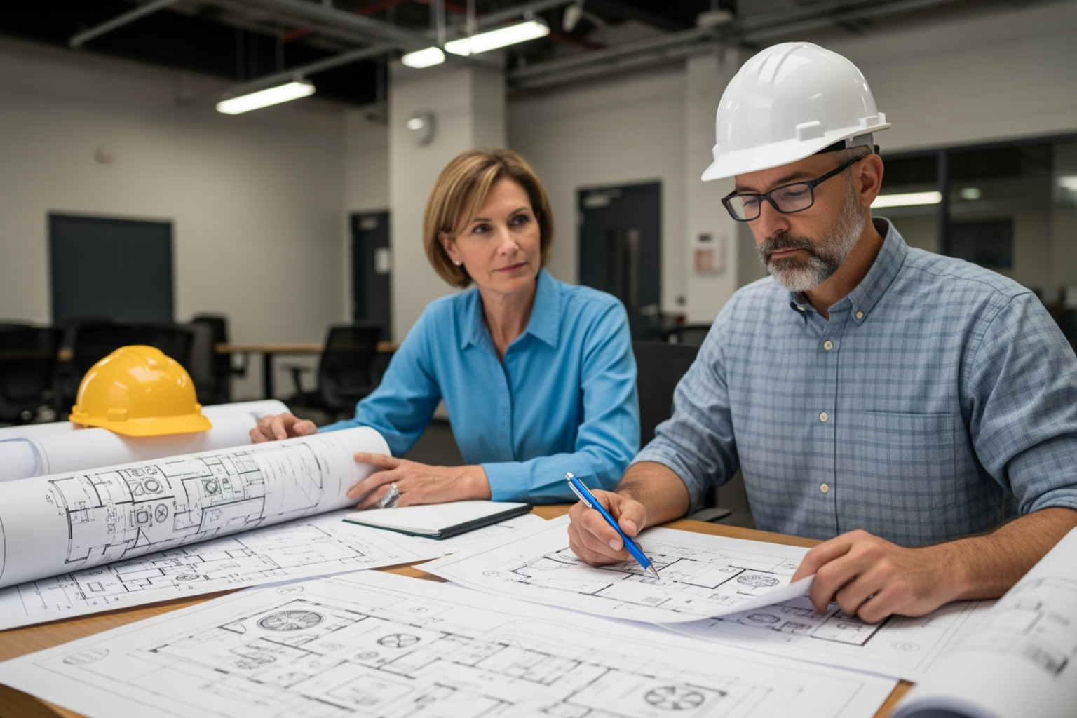 Facility manager reviewing HVAC blueprints for a new commercial installation - commercial air conditioner sales Facility manager reviewing HVAC blueprints for a new commercial installation - commercial air conditioner sales