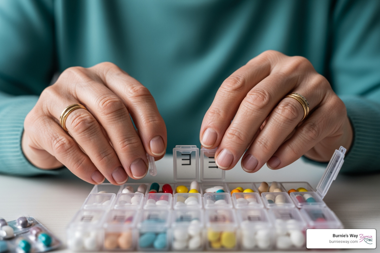 senior looking at a pill organizer - assistance caring for elderly parents