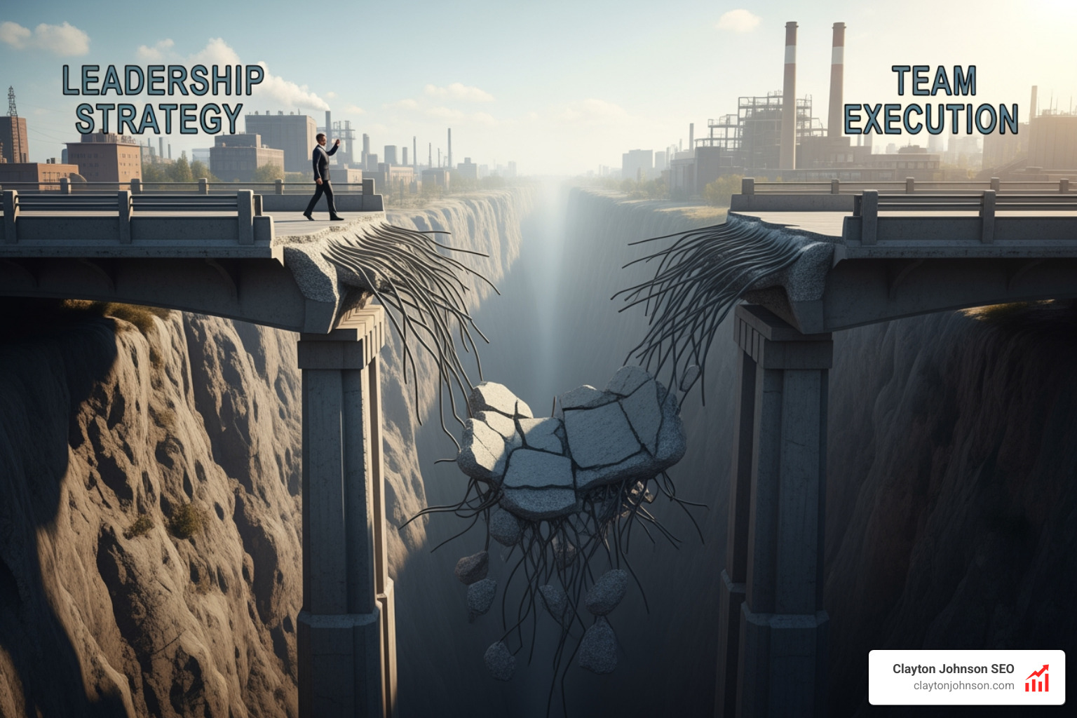 broken bridge representing a disconnect between leadership strategy and team execution - Align OKRs organization wide