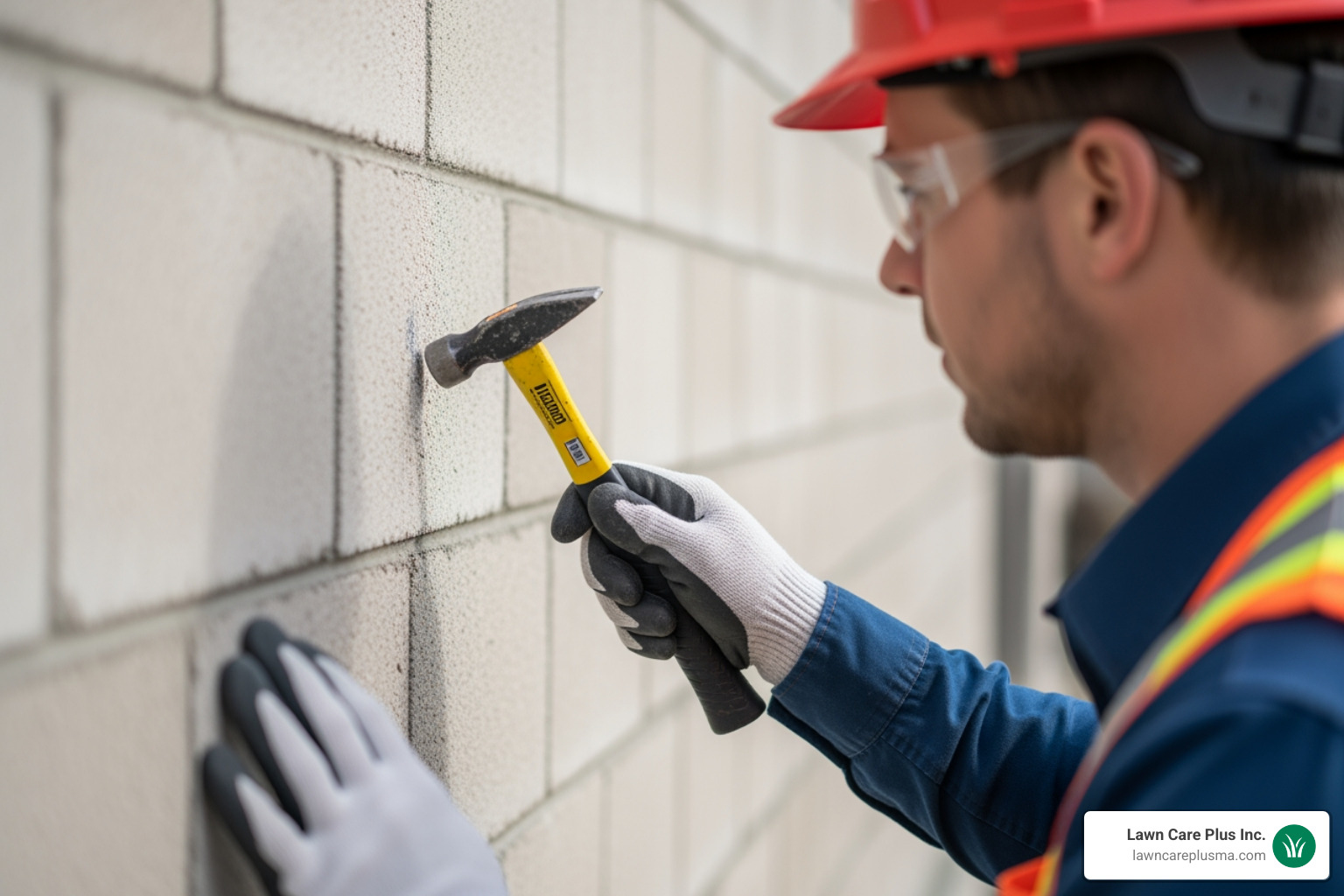 Technician performing a sounding test with a hammer on a concrete wall - Concrete masonry repair