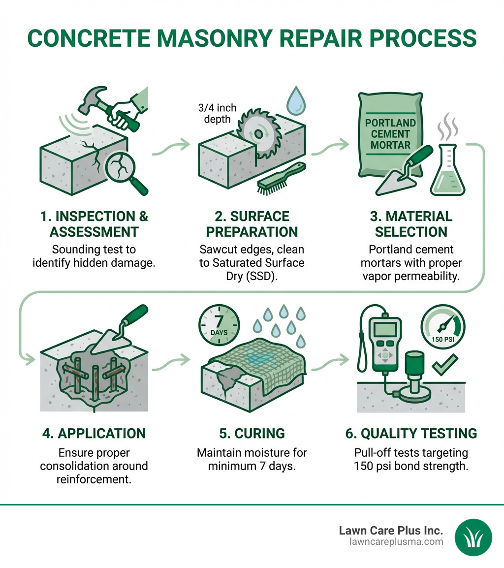 Infographic showing concrete masonry repair process: 1. Inspection and damage assessment with sounding test, 2. Surface preparation including sawcutting edges to 3/4 inch depth and cleaning to SSD condition, 3. Material selection of portland cement mortars with proper vapor permeability, 4. Application with proper consolidation around reinforcement, 5. Curing for minimum 7 days with moisture retention, 6. Quality testing including pull-off tests targeting 150 psi bond strength - Concrete masonry repair infographic 