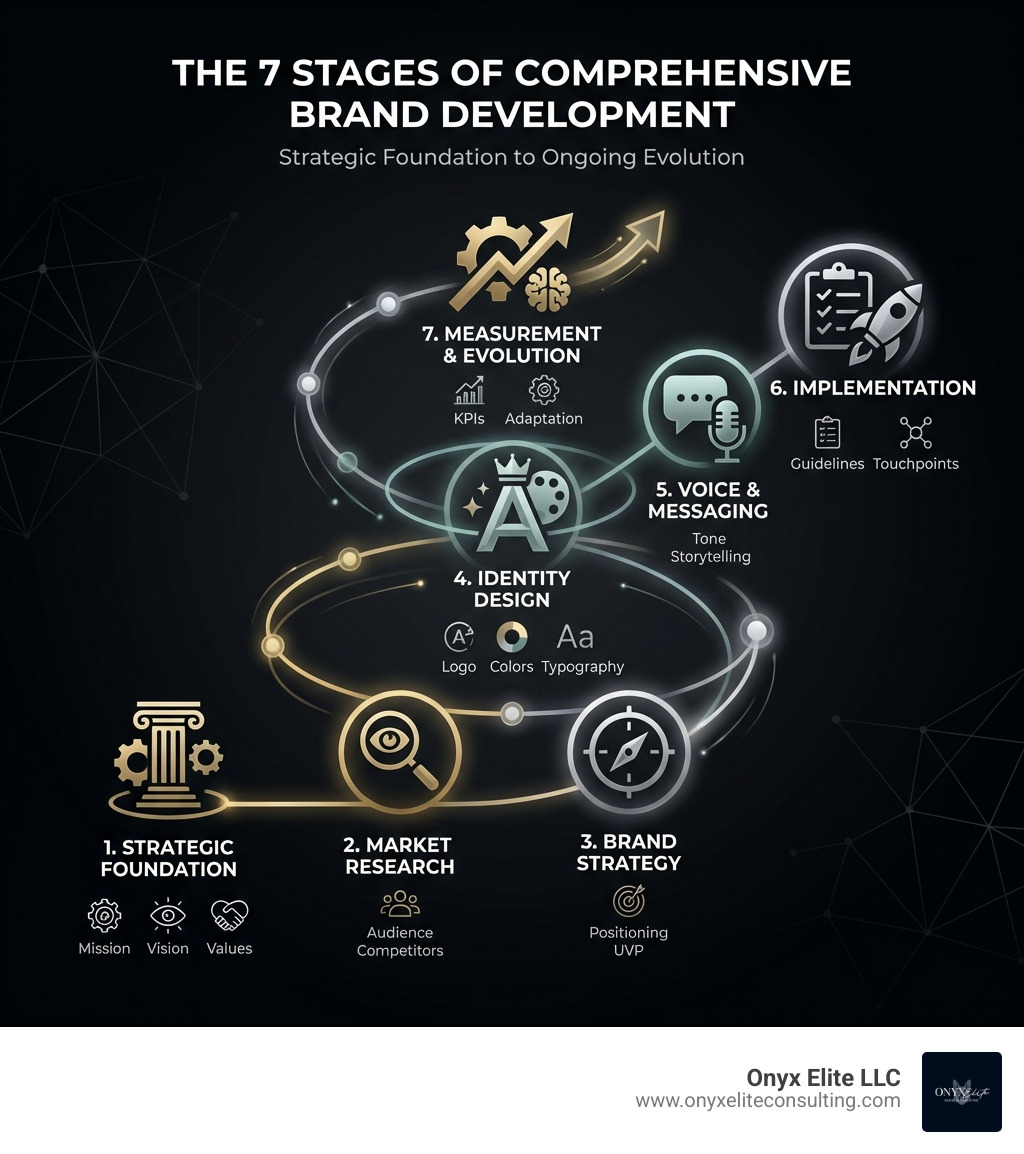 Infographic showing the 7 stages of comprehensive brand development: 1. Strategic Foundation (mission, vision, values), 2. Market Research (audience, competitors), 3. Brand Strategy (positioning, UVP), 4. Identity Design (logo, colors, typography), 5. Voice & Messaging (tone, storytelling), 6. Implementation (guidelines, touchpoints), 7. Measurement & Evolution (KPIs, adaptation) - comprehensive brand development infographic 