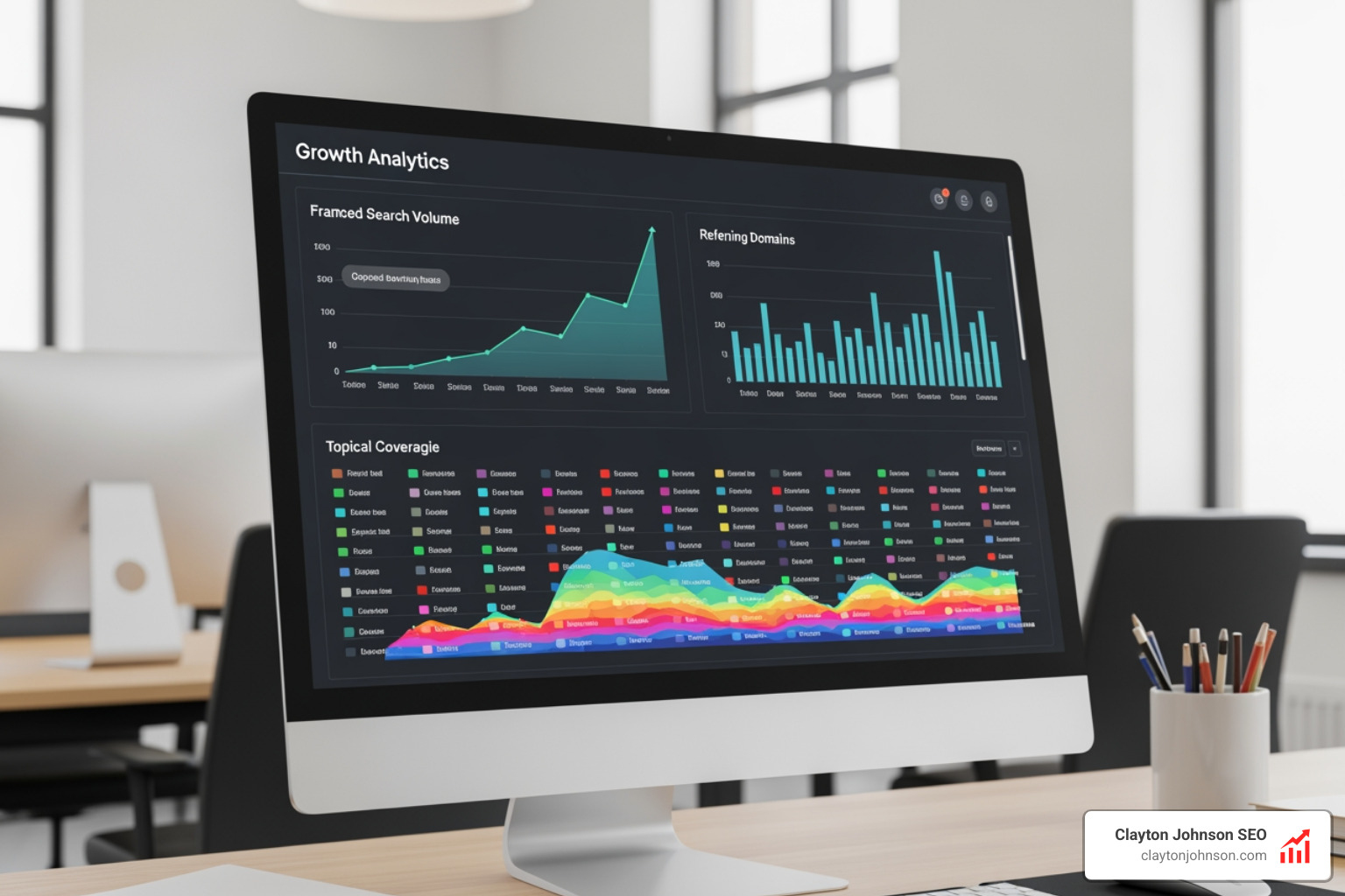growth analytics dashboard showing an upward trend in branded search volume, a growing number of referring domains, and a heatmap of topical coverage across different niche categories - authority building content systems