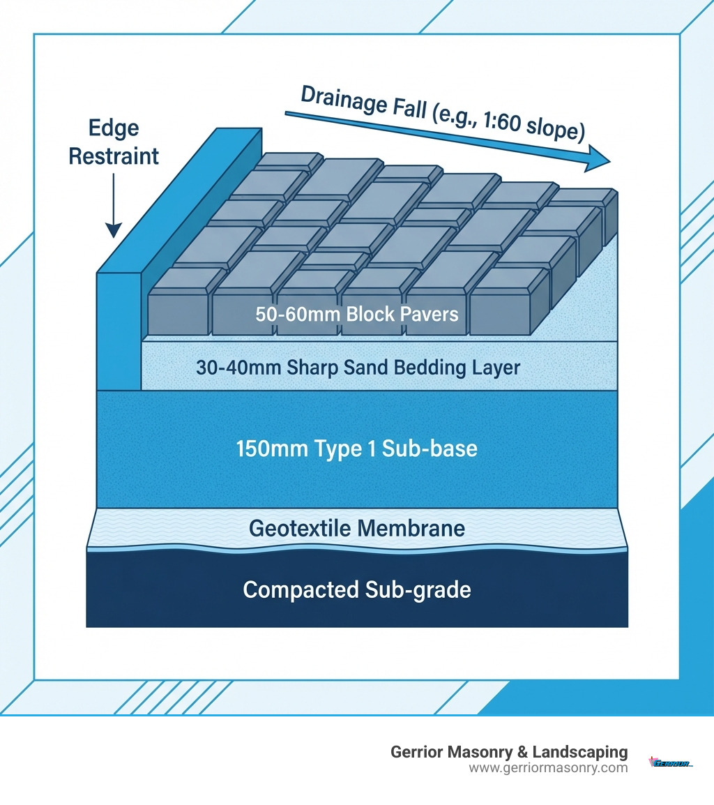 Detailed infographic showing cross-section layers of block paving installation from bottom to top: compacted sub-grade, geotextile membrane, 150mm Type 1 sub-base, 30-40mm sharp sand bedding layer, 50-60mm block pavers, with annotations for drainage falls and edge restraints - block paving installation infographic 