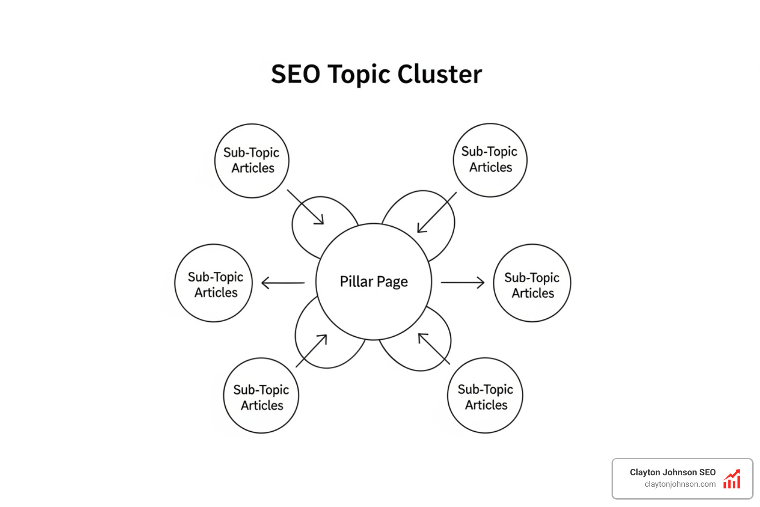 diagram of a topic cluster showing a central pillar page connected to multiple specific sub-topic articles through bidirectional internal links - authority building content systems