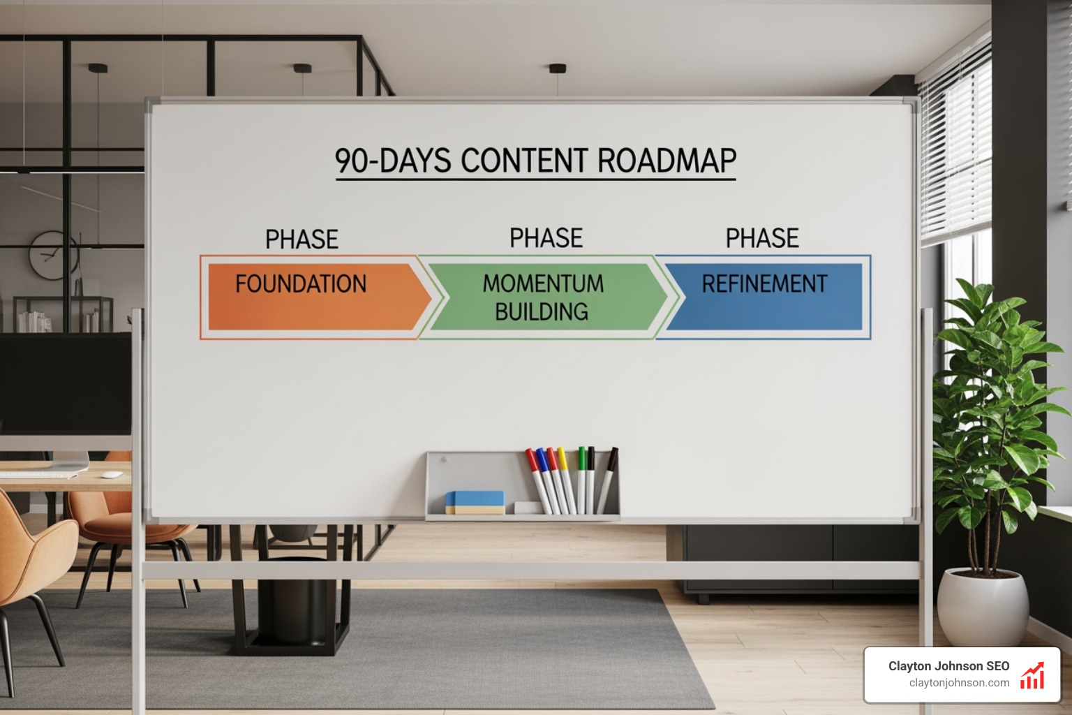 content roadmap showing a 90-day plan divided into foundation, momentum building, and refinement phases - authority site building framework