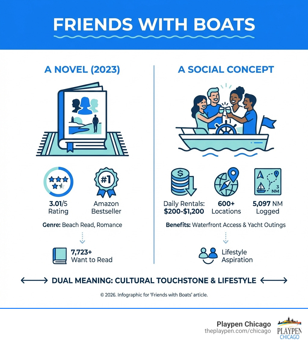 infographic showing the dual meaning of friends with boats as both a novel and social concept - Friends with boats infographic 