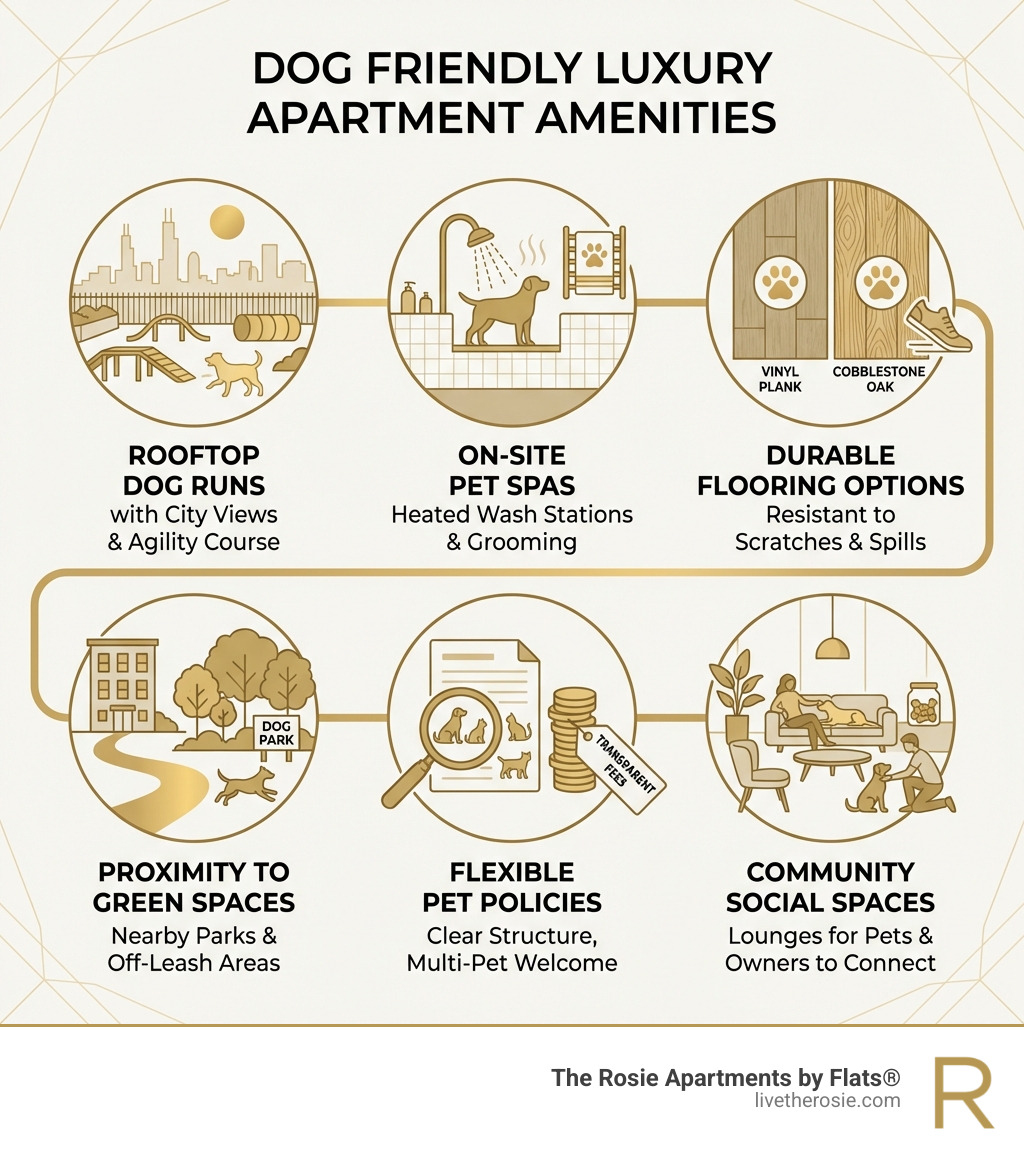 infographic showing top amenities in dog friendly luxury apartments including rooftop dog runs with city views, on-site pet spas with heated wash stations, durable flooring options like vinyl plank or cobblestone oak, proximity to green spaces and dog parks, flexible pet policies with transparent fees, and community social spaces for both pets and owners - dog friendly luxury apartments infographic 