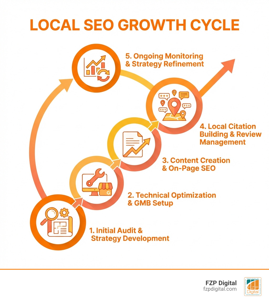 infographic showing the local SEO growth cycle: 1. Initial audit and strategy development, 2. Technical optimization and Google My Business setup, 3. Content creation and on-page SEO, 4. Local citation building and review management, 5. Ongoing monitoring and strategy refinement - seo company near me infographic infographic showing the local SEO growth cycle: 1. Initial audit and strategy development, 2. Technical optimization and Google My Business setup, 3. Content creation and on-page SEO, 4. Local citation building and review management, 5. Ongoing monitoring and strategy refinement - seo company near me infographic