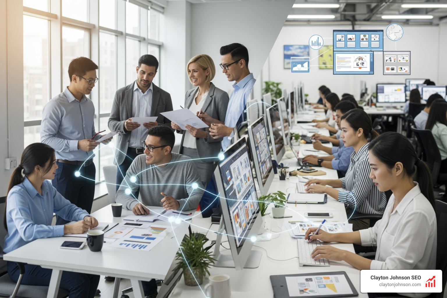 workflow diagram showing a global content team: strategy created in the US, drafting and research by offshore team in the Philippines, final SME review and editorial governance, followed by automated distribution - authority building content systems