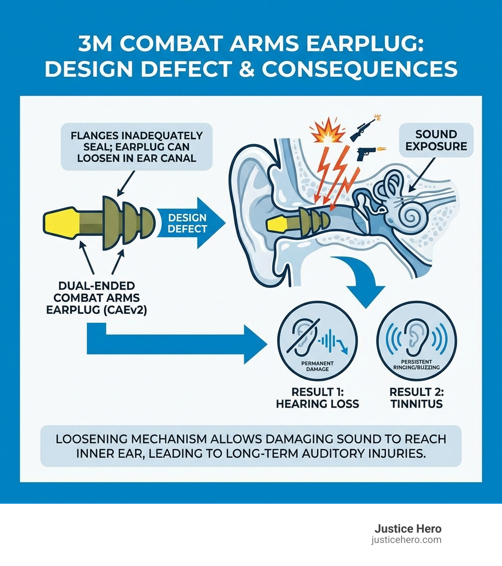 infographic showing 3M Combat Arms Earplug design defect with loosening mechanism in ear canal causing sound exposure and resulting in hearing loss and tinnitus - 3m earplug lawyer infographic 