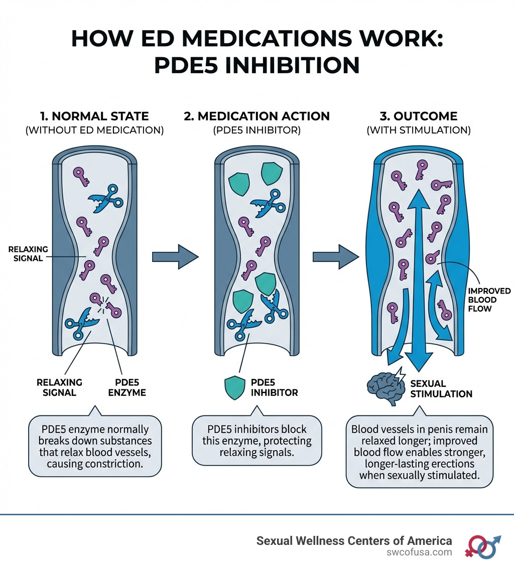 Infographic showing how ED medications work: PDE5 enzyme normally breaks down substances that relax blood vessels; PDE5 inhibitors block this enzyme; blood vessels in penis remain relaxed longer; improved blood flow enables stronger, longer-lasting erections when sexually stimulated - erectile dysfunction medication infographic Infographic showing how ED medications work: PDE5 enzyme normally breaks down substances that relax blood vessels; PDE5 inhibitors block this enzyme; blood vessels in penis remain relaxed longer; improved blood flow enables stronger, longer-lasting erections when sexually stimulated - erectile dysfunction medication infographic