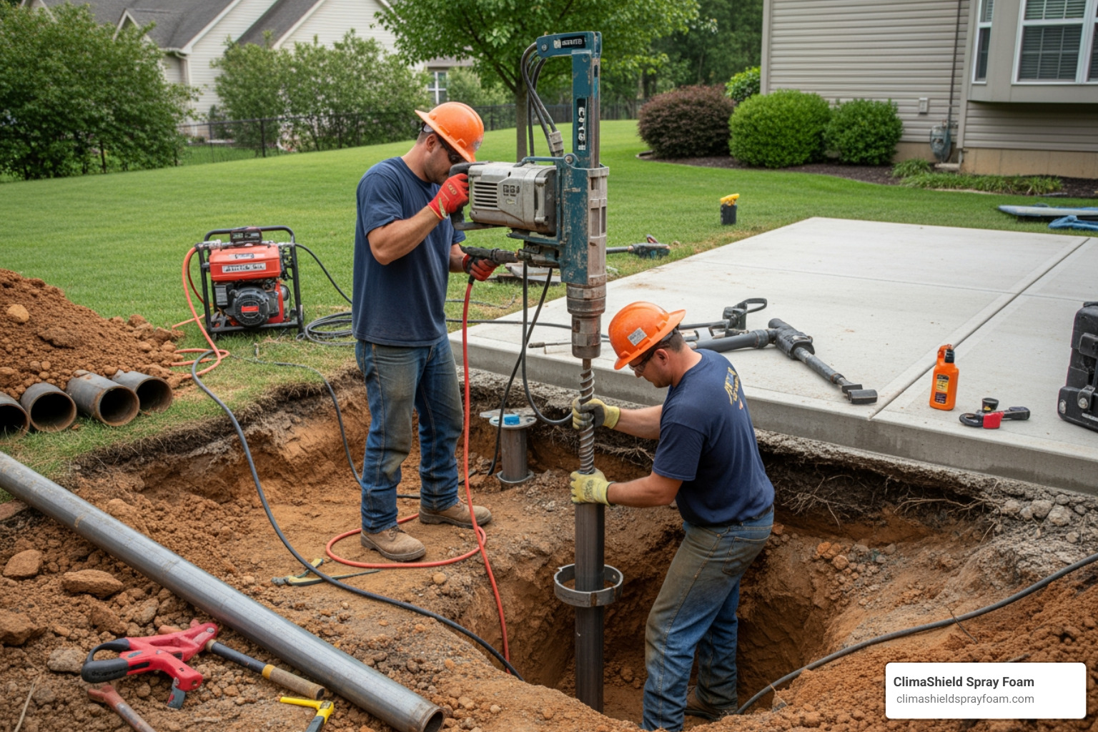 slab pier system being installed - concrete slab repair