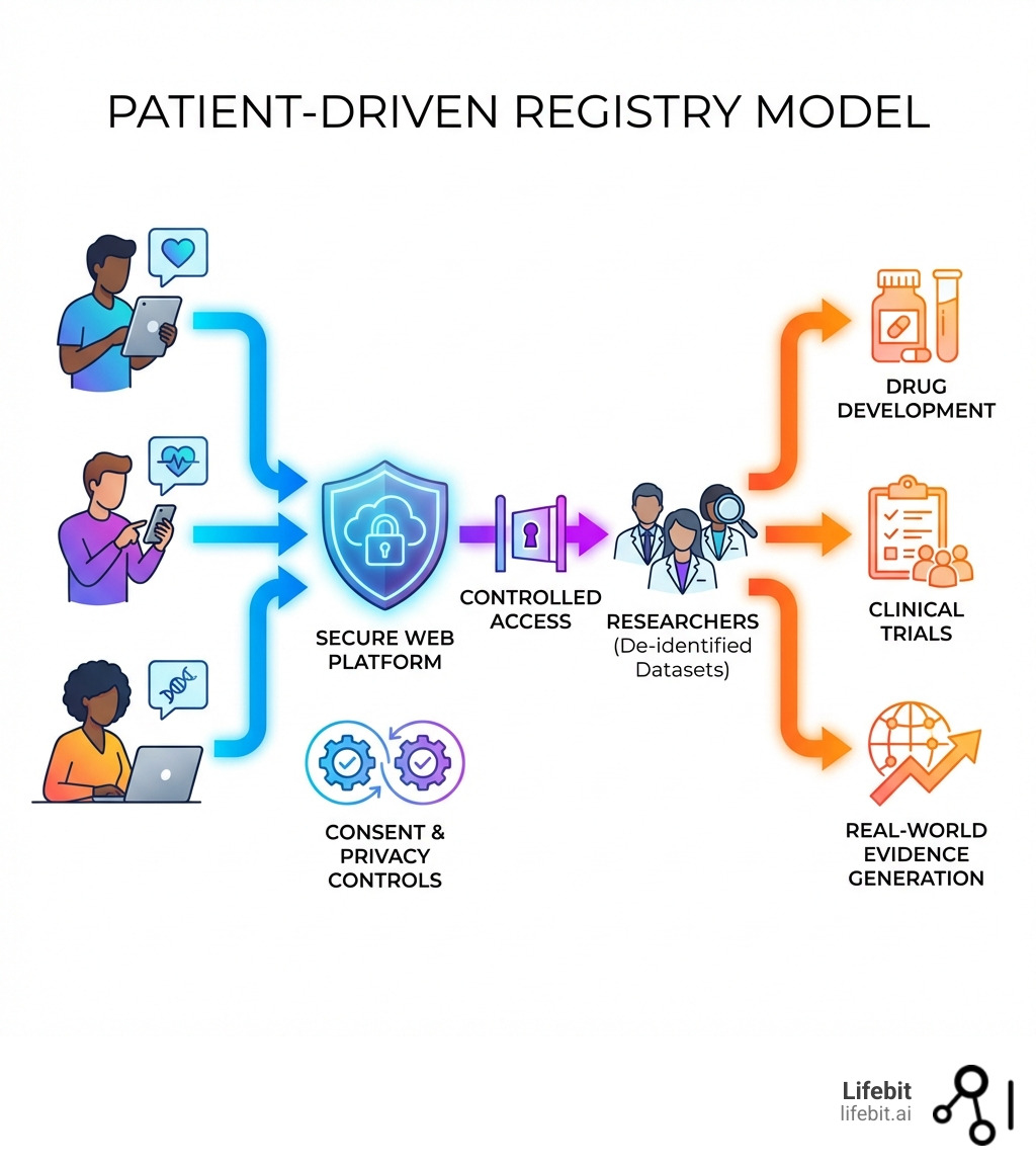 Infographic showing the patient-driven registry model: patients directly entering health data into secure web platforms, researchers accessing de-identified datasets through controlled access, and data flowing to support clinical trials, drug development, and real-world evidence generation while maintaining patient consent and privacy controls - patient driven registry software infographic 