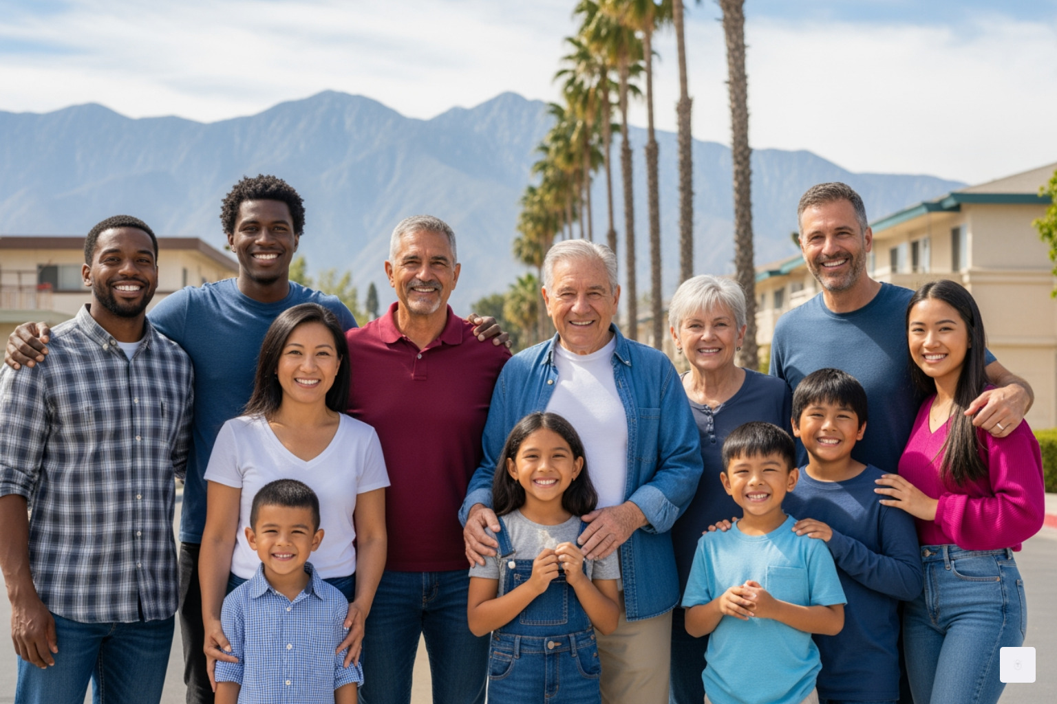 A diverse family smiling in front of their new, stable apartment building in a sunny San Bernardino neighborhood - social services office san bernardino A diverse family smiling in front of their new, stable apartment building in a sunny San Bernardino neighborhood - social services office san bernardino
