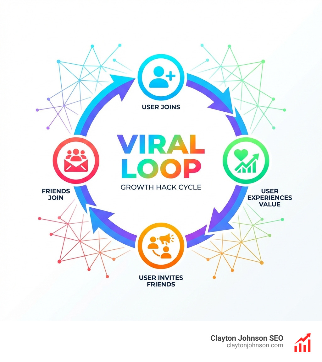 Viral Loop diagram showing: User joins → User experiences value → User invited friends → Friends join → Cycle repeats - digital marketing growth hacks infographic 