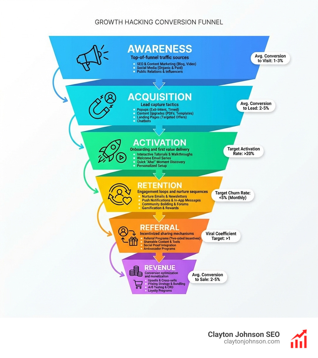 Infographic showing the growth hacking conversion funnel: Awareness (top-of-funnel traffic sources) → Acquisition (lead capture tactics like popups and content upgrades) → Activation (onboarding and first value delivery) → Retention (engagement loops and nurture sequences) → Referral (incentivized sharing mechanisms) → Revenue (conversion optimization and monetization). Each stage includes conversion rate benchmarks and example tactics. - digital marketing growth hacks infographic 