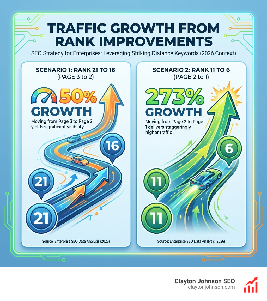 infographic showing traffic growth from rank improvements: moving from 21 to 16 yields 50% growth, while 11 to 6 yields 273% growth - SEO strategy for enterprises infographic infographic showing traffic growth from rank improvements: moving from 21 to 16 yields 50% growth, while 11 to 6 yields 273% growth - SEO strategy for enterprises infographic