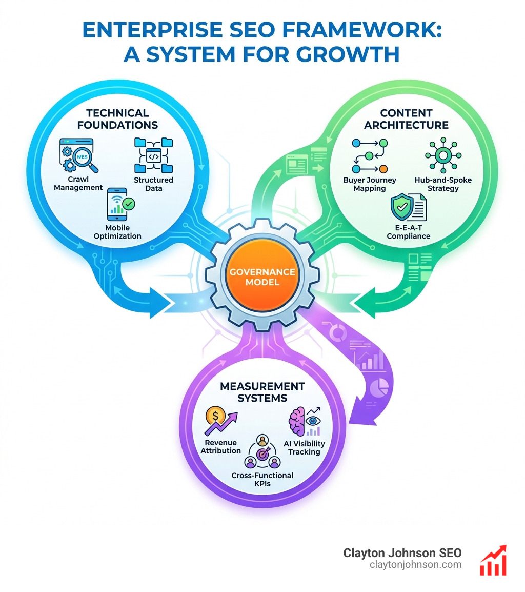 infographic showing enterprise SEO framework: governance model at center, connected to technical foundations (crawl management, structured data, mobile optimization), content architecture (buyer journey mapping, hub-and-spoke strategy, E-E-A-T compliance), and measurement systems (revenue attribution, cross-functional KPIs, AI visibility tracking) - SEO strategy for enterprises infographic infographic showing enterprise SEO framework: governance model at center, connected to technical foundations (crawl management, structured data, mobile optimization), content architecture (buyer journey mapping, hub-and-spoke strategy, E-E-A-T compliance), and measurement systems (revenue attribution, cross-functional KPIs, AI visibility tracking) - SEO strategy for enterprises infographic