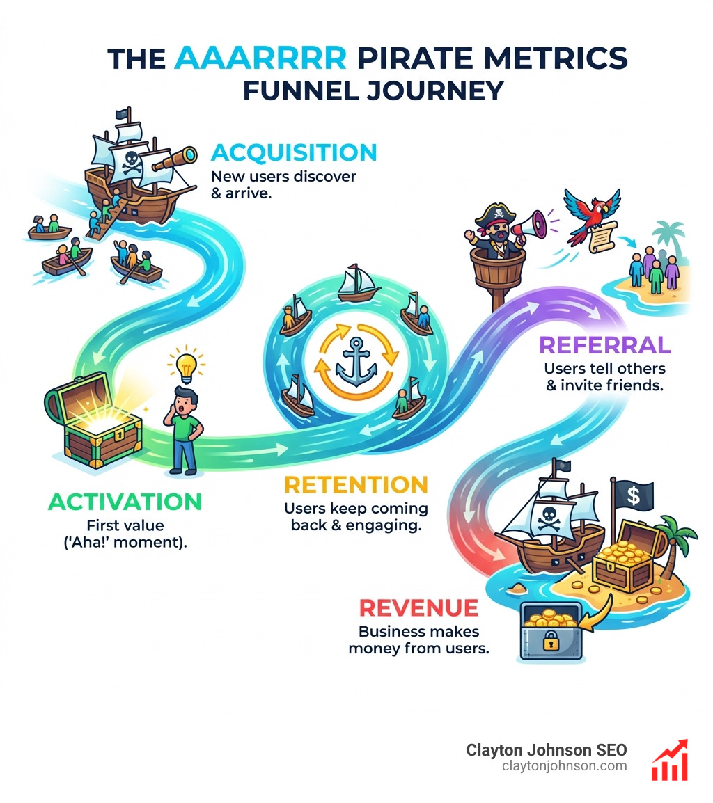 Infographic explaining the AARRR funnel stages - pirate metrics growth framework infographic 
