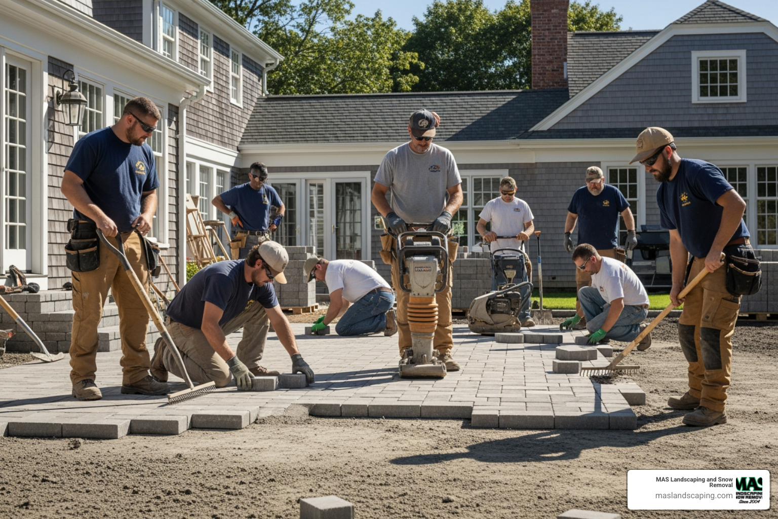 professional crew installing pavers - patio construction contractors