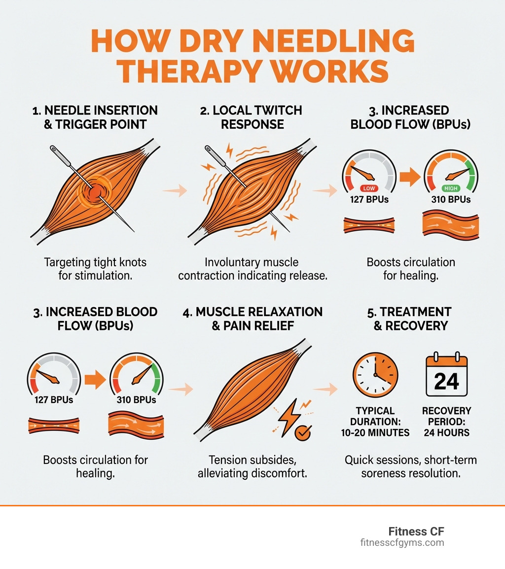 infographic showing how dry needling therapy works: needle insertion into trigger point, local twitch response, increased blood flow from 127 to 310 BPUs, muscle relaxation, pain relief, and typical treatment duration of 10-20 minutes with 24-hour recovery period - Dry needling therapy infographic infographic showing how dry needling therapy works: needle insertion into trigger point, local twitch response, increased blood flow from 127 to 310 BPUs, muscle relaxation, pain relief, and typical treatment duration of 10-20 minutes with 24-hour recovery period - Dry needling therapy infographic