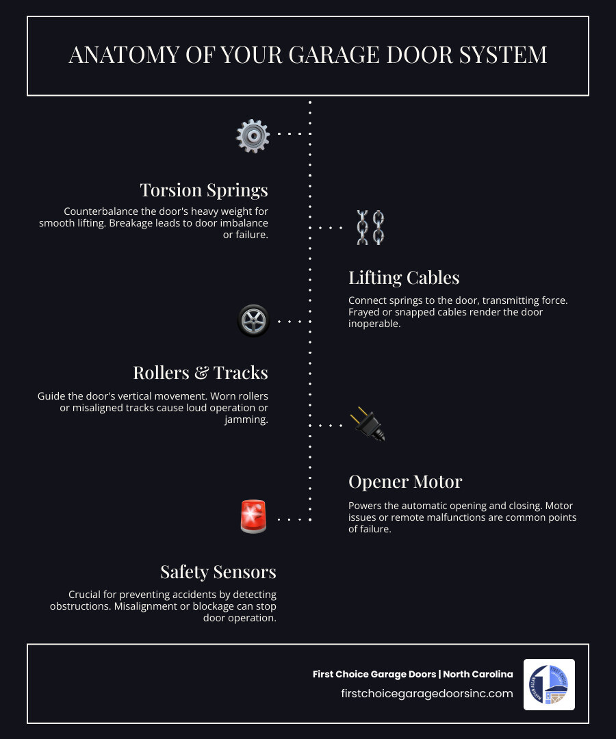 infographic showing the anatomy of a garage door system including torsion springs, cables, rollers, tracks, sensors, opener motor, and control panel with labels for each component and common failure points highlighted - best garage door repair in fayetteville, nc infographic infographic-line-5-steps-dark