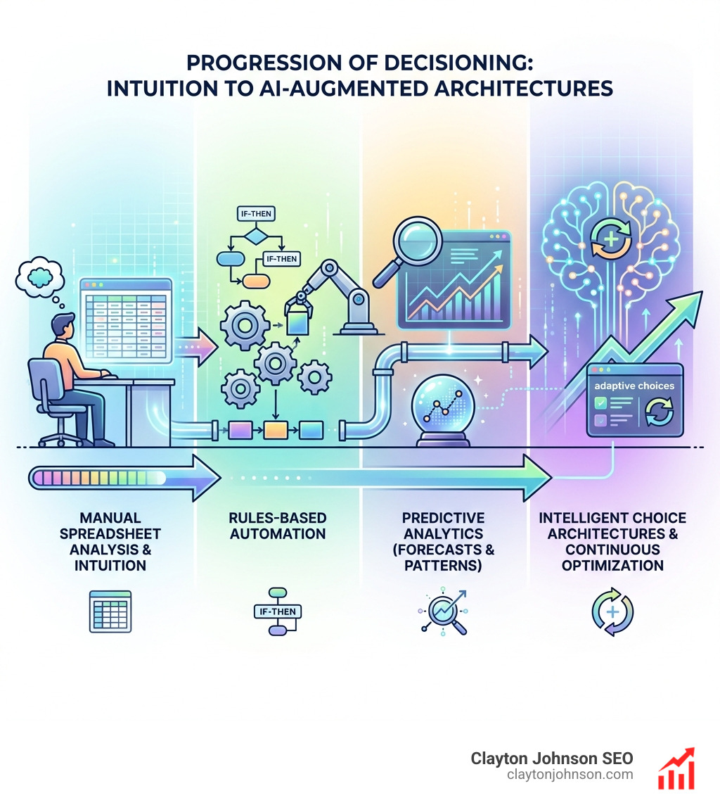 Infographic showing the progression from intuition-based decision making to AI-augmented decisioning, including stages: manual spreadsheet analysis, rules-based automation, predictive analytics, and intelligent choice architectures with feedback loops and continuous optimization - AI decision making tools infographic Infographic showing the progression from intuition-based decision making to AI-augmented decisioning, including stages: manual spreadsheet analysis, rules-based automation, predictive analytics, and intelligent choice architectures with feedback loops and continuous optimization - AI decision making tools infographic