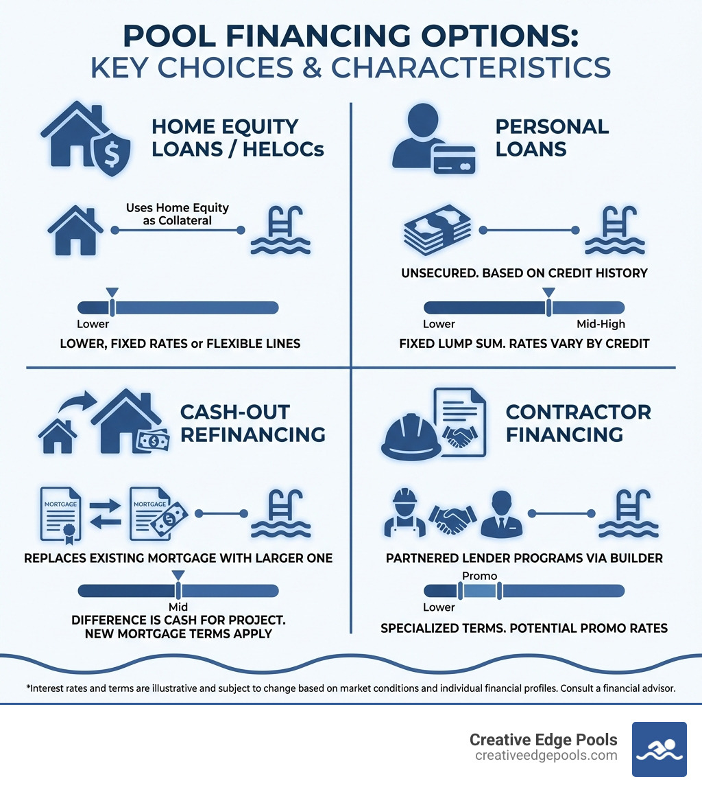 Infographic detailing key pool financing options, showing types of loans, their main characteristics, and potential interest rate ranges - pool financing options infographic 