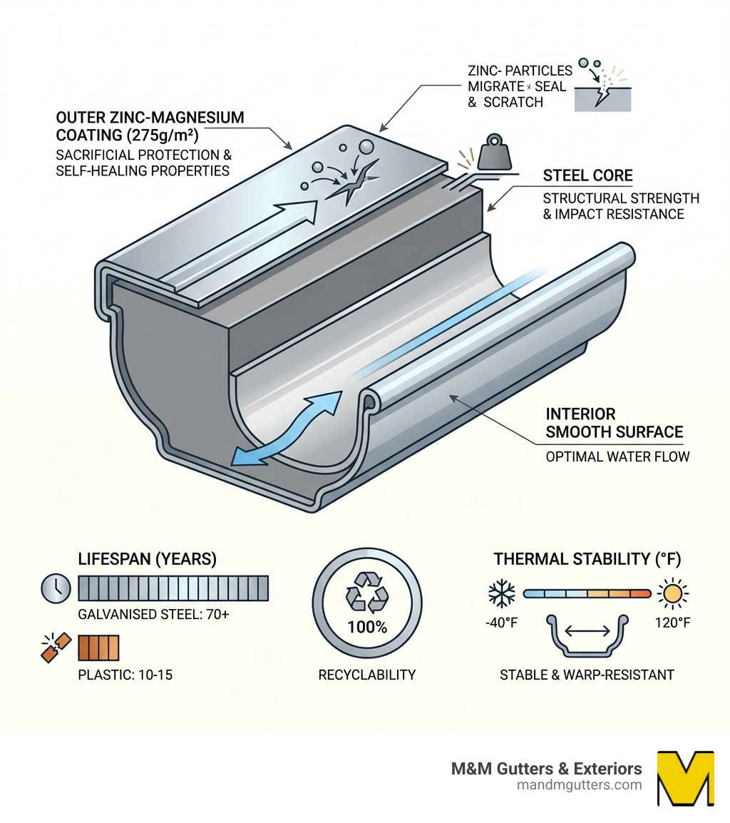 Infographic showing galvanised steel gutter system layers: outer zinc-magnesium coating (275g/m²) providing sacrificial protection and self-healing properties, steel core for structural strength and impact resistance, interior smooth surface for optimal water flow, with comparison bars showing 70-year lifespan vs 10-15 years for plastic, 100% recyclability rating, and thermal stability across -40°F to 120°F temperature range - galvanised rainwater goods infographic Infographic showing galvanised steel gutter system layers: outer zinc-magnesium coating (275g/m²) providing sacrificial protection and self-healing properties, steel core for structural strength and impact resistance, interior smooth surface for optimal water flow, with comparison bars showing 70-year lifespan vs 10-15 years for plastic, 100% recyclability rating, and thermal stability across -40°F to 120°F temperature range - galvanised rainwater goods infographic
