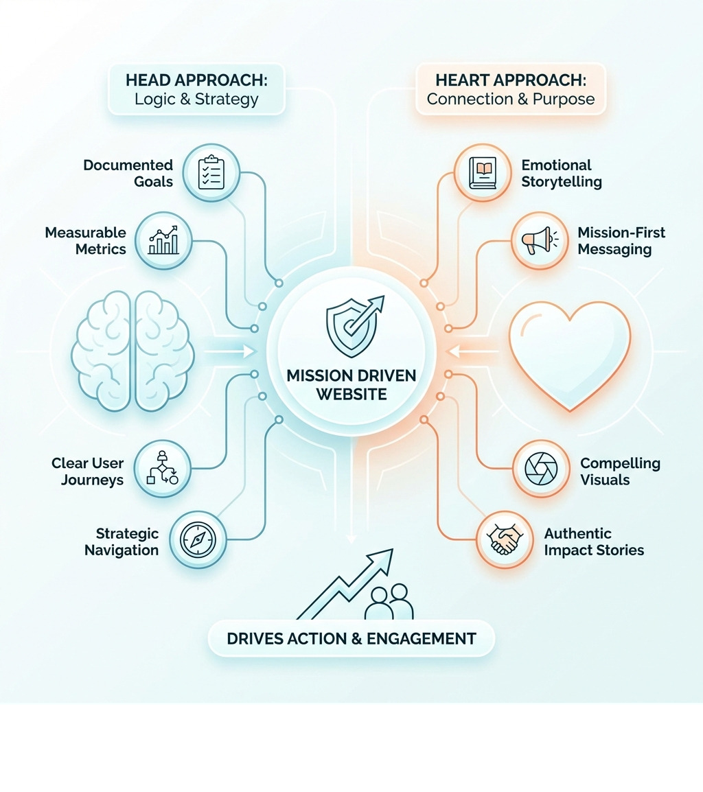 Infographic showing the Head and Heart approach to mission driven websites: Head includes documented goals, measurable metrics, clear user journeys, and strategic navigation; Heart includes emotional storytelling, mission-first messaging, compelling visuals, and authentic impact stories; Both converge at the center labeled Mission Driven Website that drives action and engagement - mission driven website infographic 