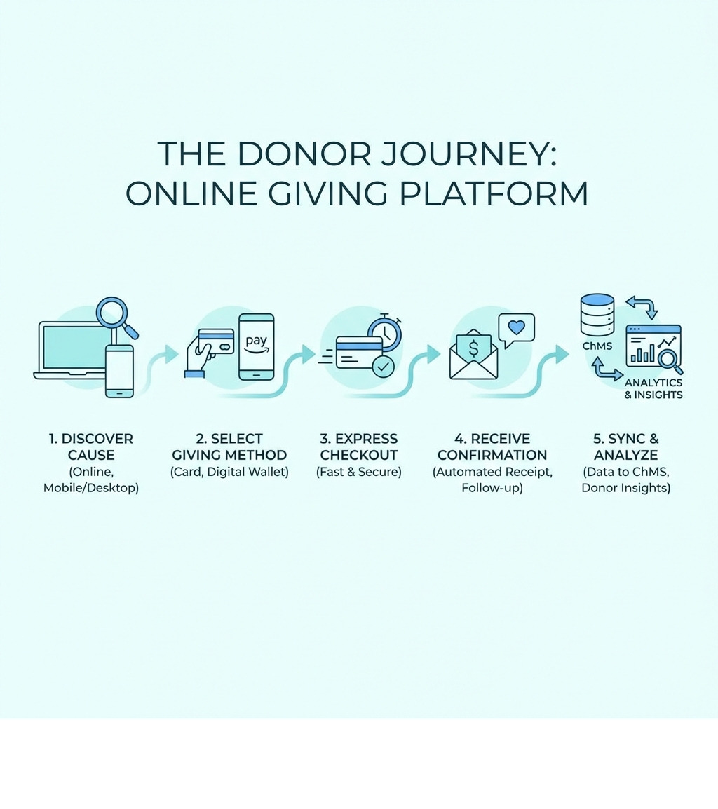 Infographic showing the donor journey from discovering your cause online through mobile or desktop, selecting a giving method like card or digital wallet, completing the donation with express checkout, receiving automated receipts and follow-up, and how the platform syncs data to your ChMS and provides analytics for donor insights - online giving platform infographic 