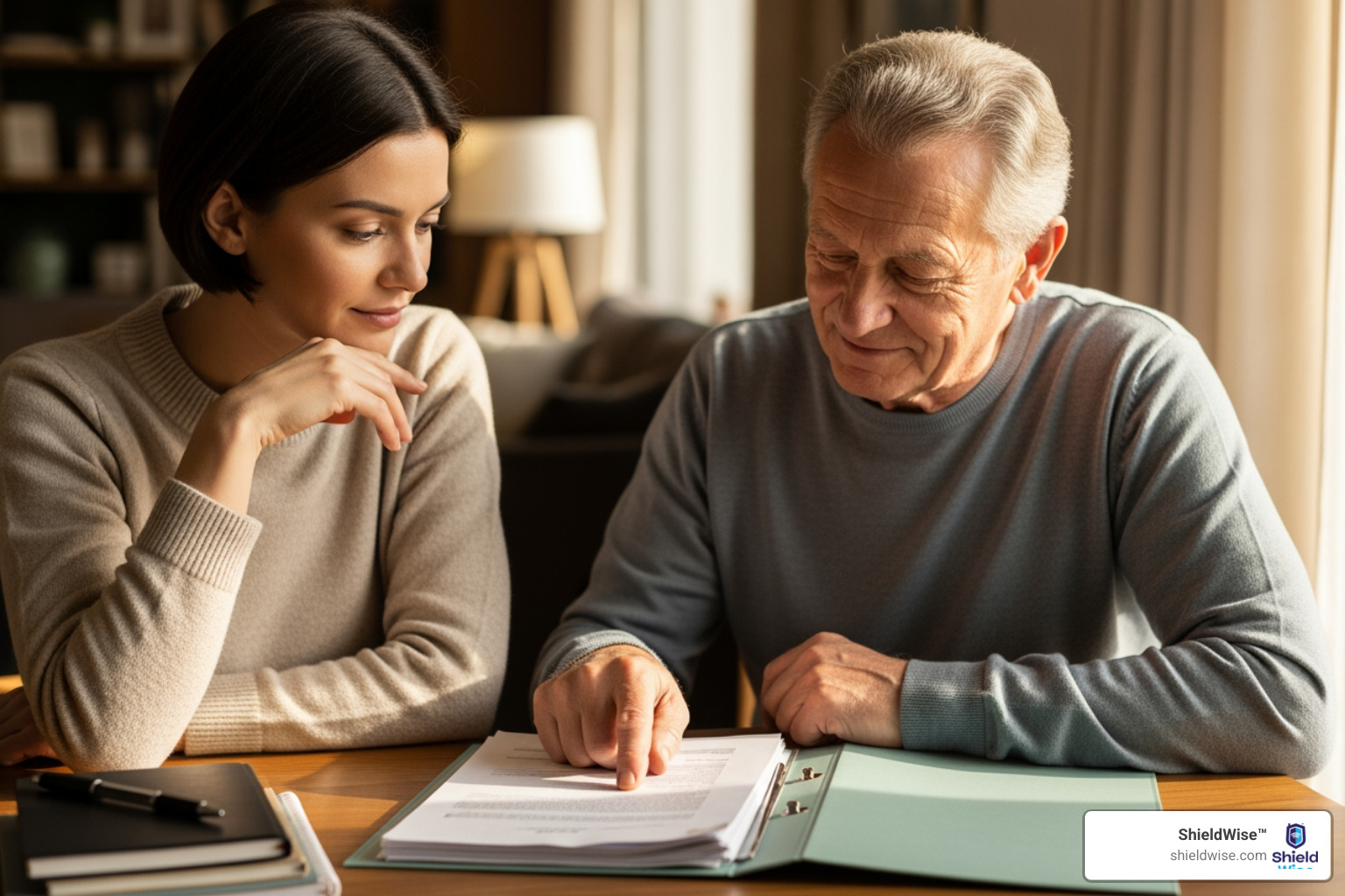 Parent and adult child reviewing a folder of papers - talking to adult children about estate and insurance plans