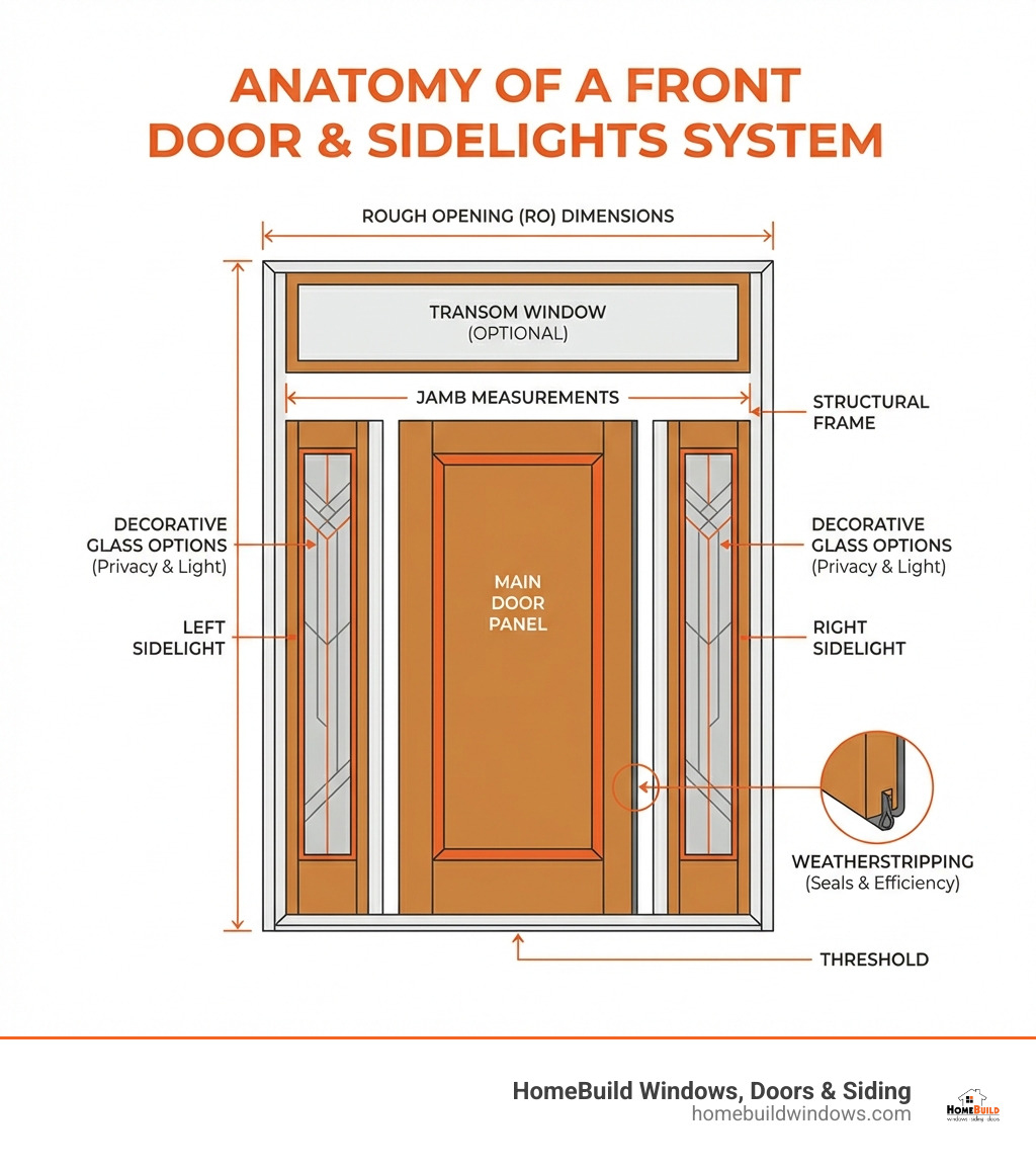 Infographic showing the complete anatomy of a front door system including the main door panel, left and right sidelights, optional transom window above, jamb measurements, rough opening dimensions, and key components like weatherstripping, threshold, and decorative glass options - front door and sidelights infographic 