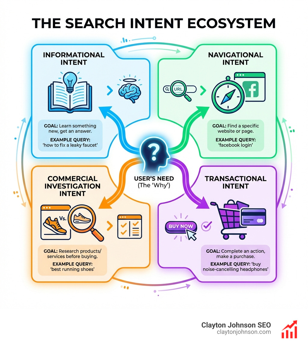 Infographic explaining the search intent ecosystem - types of keyword intent infographic Infographic explaining the search intent ecosystem - types of keyword intent infographic