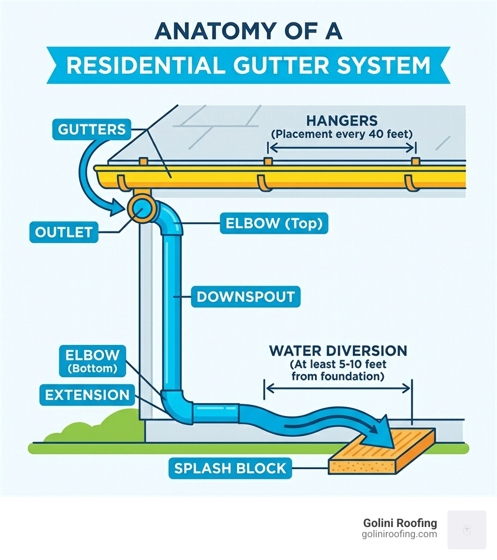 Infographic showing the anatomy of a residential gutter system including gutters, downspouts, elbows, outlets, hangers, extensions, and splash blocks with measurements showing proper placement every 40 feet and water diversion at least 5-10 feet from foundation - gutter downspout replacement infographic 
