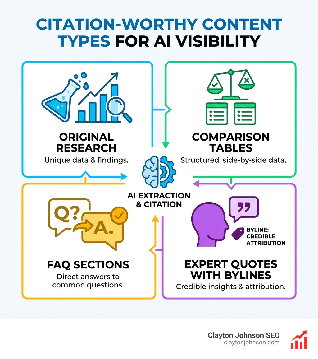 Infographic listing citation-worthy content types: original research, comparison tables, FAQ sections, and expert quotes with clear bylines - ChatGPT SEO visibility score infographic 