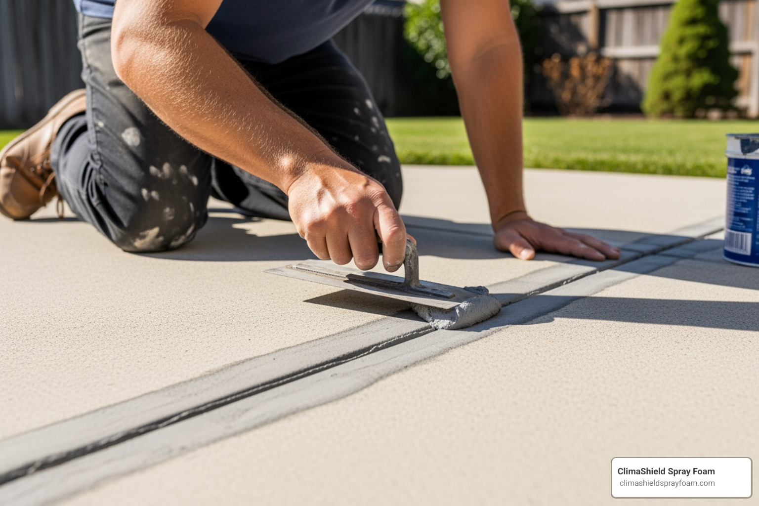 DIYer applying patching compound to a clean crack - concrete slab repair