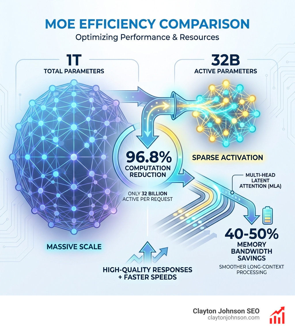 Comparison of MoE efficiency showing 1T total parameters vs 32B active parameters. Highlights 96.8% computation reduction and 40-50% memory bandwidth savings through Multi-Head Latent Attention. - Moonshot AI & Kimi infographic Comparison of MoE efficiency showing 1T total parameters vs 32B active parameters. Highlights 96.8% computation reduction and 40-50% memory bandwidth savings through Multi-Head Latent Attention. - Moonshot AI & Kimi infographic