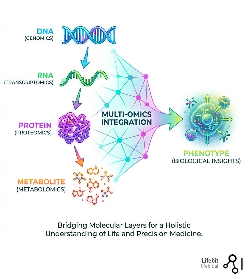 Infographic showing the flow from DNA to RNA to Protein to Metabolite and how multi-omics integrates these layers to understand phenotype - multi omics integration methods infographic 